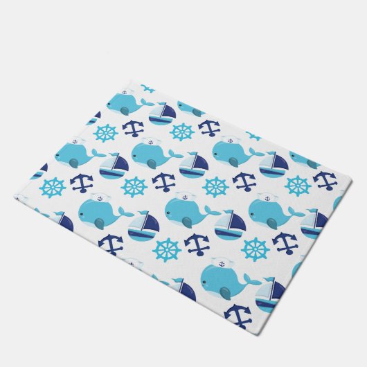 鯨の模様、かわいいクジラ、青いクジラ ドアマット (アングル)