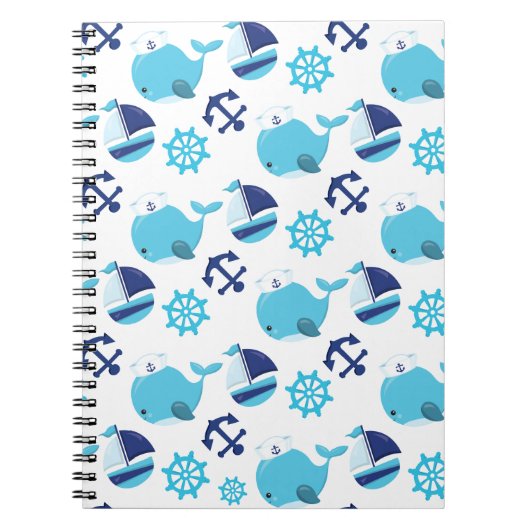 鯨の模様、かわいいクジラ、青いクジラ ノートブック (正面)
