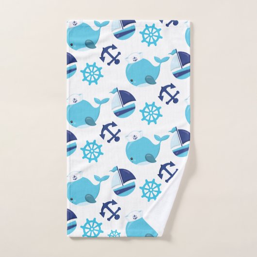鯨の模様、かわいいクジラ、青いクジラ バスタオルセット (ハンドタオル)