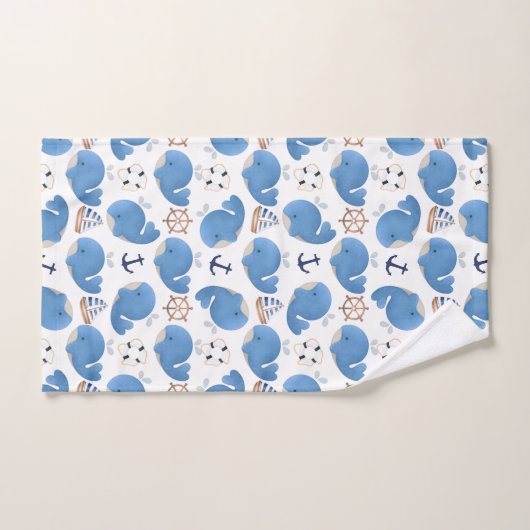 鯨の模様、かわいいクジラ、青いクジラ バスタオルセット (ハンドタオル)