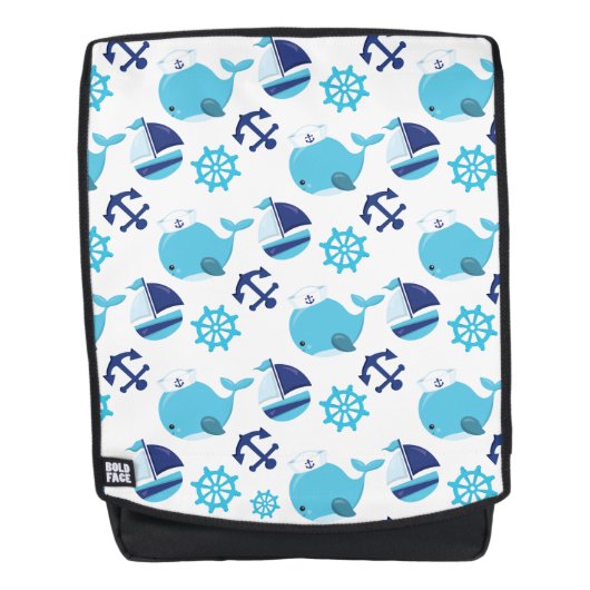 鯨の模様、かわいいクジラ、青いクジラ バックパック (正面)