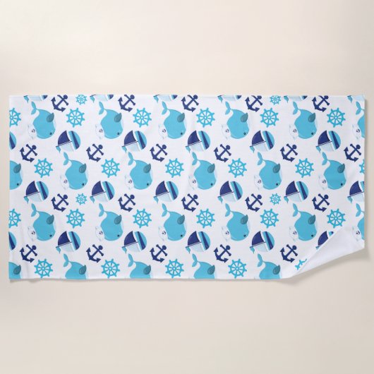 鯨の模様、かわいいクジラ、青いクジラ ビーチタオル (正面)