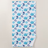 鯨の模様、かわいいクジラ、青いクジラ ビーチタオル (正面)