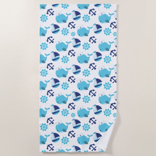 鯨の模様、かわいいクジラ、青いクジラ ビーチタオル (正面)