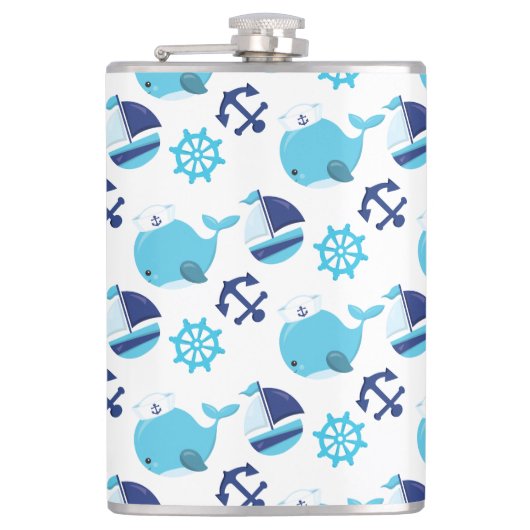 鯨の模様、かわいいクジラ、青いクジラ フラスク (正面)