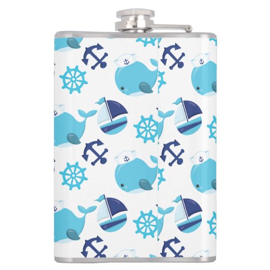 鯨の模様、かわいいクジラ、青いクジラ フラスク (裏面)