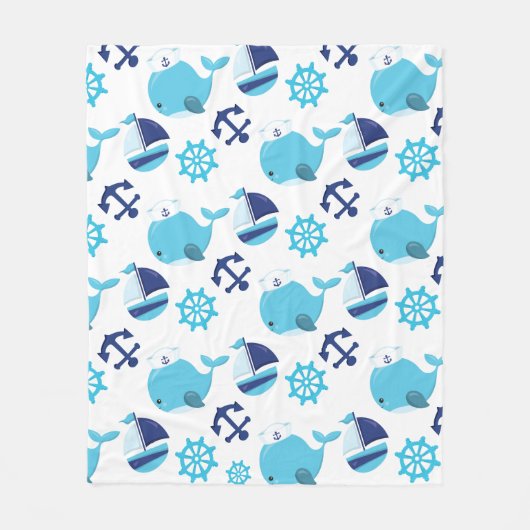 鯨の模様、かわいいクジラ、青いクジラ フリースブランケット (正面)