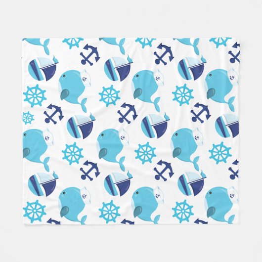 鯨の模様、かわいいクジラ、青いクジラ フリースブランケット (正面(横))