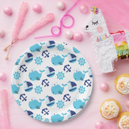 鯨の模様、かわいいクジラ、青いクジラ ペーパープレート (パーティー)