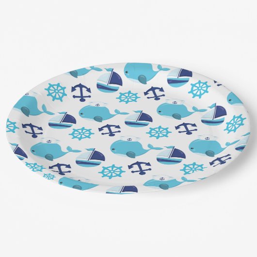 鯨の模様、かわいいクジラ、青いクジラ ペーパープレート (アングル)