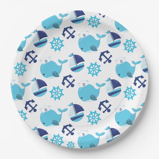 鯨の模様、かわいいクジラ、青いクジラ ペーパープレート (正面)
