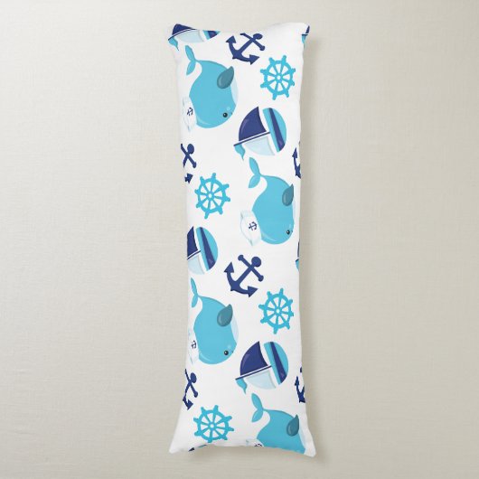 鯨の模様、かわいいクジラ、青いクジラ ボディピロー (正面縦)