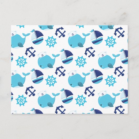 鯨の模様、かわいいクジラ、青いクジラ ポストカード (正面)
