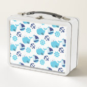 鯨の模様、かわいいクジラ、青いクジラ メタルランチボックス (正面)