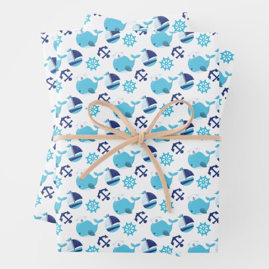 鯨の模様、かわいいクジラ、青いクジラ ラッピングペーパーシート (インサイチュ)