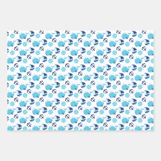 鯨の模様、かわいいクジラ、青いクジラ ラッピングペーパーシート (正面3)