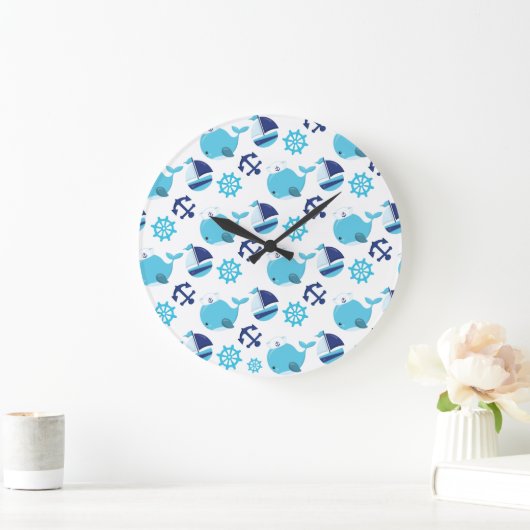 鯨の模様、かわいいクジラ、青いクジラ ラージ壁時計 (ホーム)