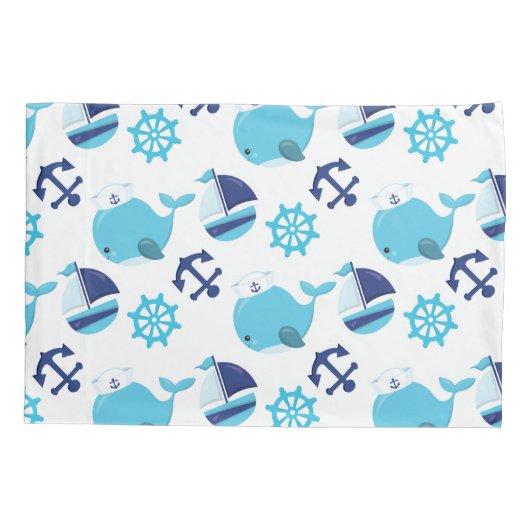 鯨の模様、かわいいクジラ、青いクジラ 枕カバー (裏面)