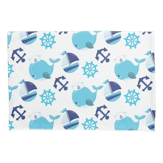 鯨の模様、かわいいクジラ、青いクジラ 枕カバー (正面)