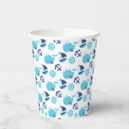 鯨の模様、かわいいクジラ、青いクジラ 紙コップ (左)