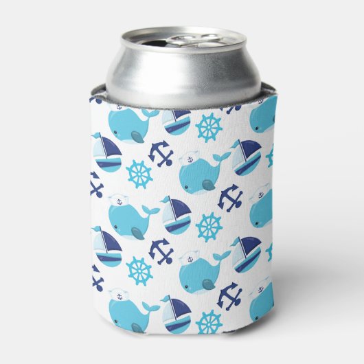 鯨の模様、かわいいクジラ、青いクジラ 缶クーラー (缶正面)