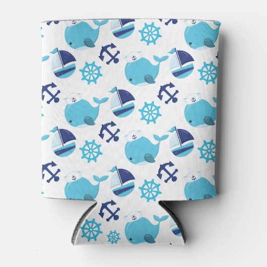 鯨の模様、かわいいクジラ、青いクジラ 缶クーラー (正面)