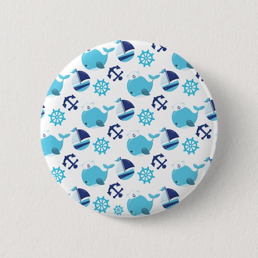 鯨の模様、かわいいクジラ、青いクジラ 缶バッジ (正面)