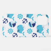 鯨の模様、かわいいクジラ、青いクジラ iPhoneケース (裏面横)