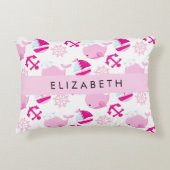鯨の模様、ピンクの鯨、あなたの名前 アクセントクッション (正面)