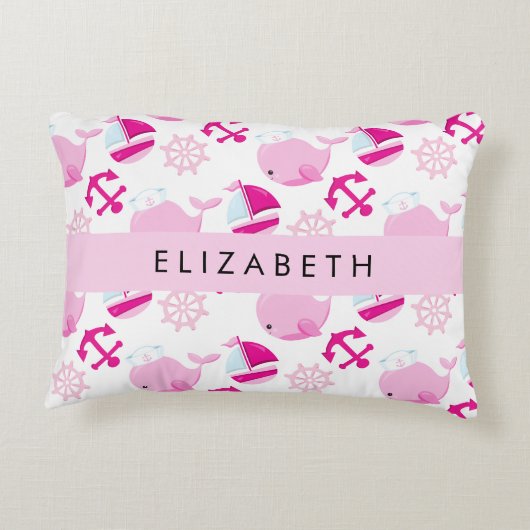 鯨の模様、ピンクの鯨、あなたの名前 アクセントクッション (裏面)