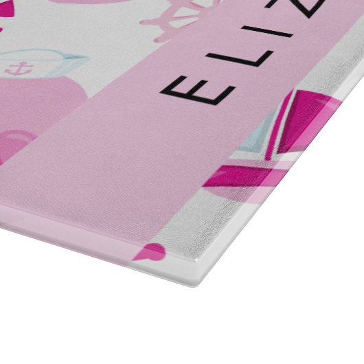 鯨の模様、ピンクの鯨、あなたの名前 カッティングボード (角)