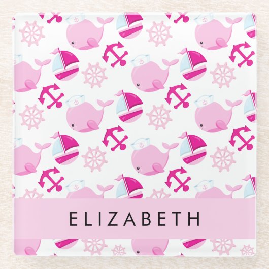 鯨の模様、ピンクの鯨、あなたの名前 ガラスコースター (正面)