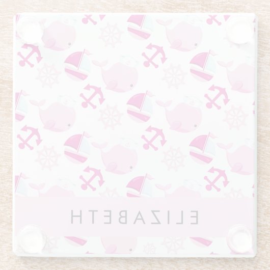 鯨の模様、ピンクの鯨、あなたの名前 ガラスコースター (裏面)