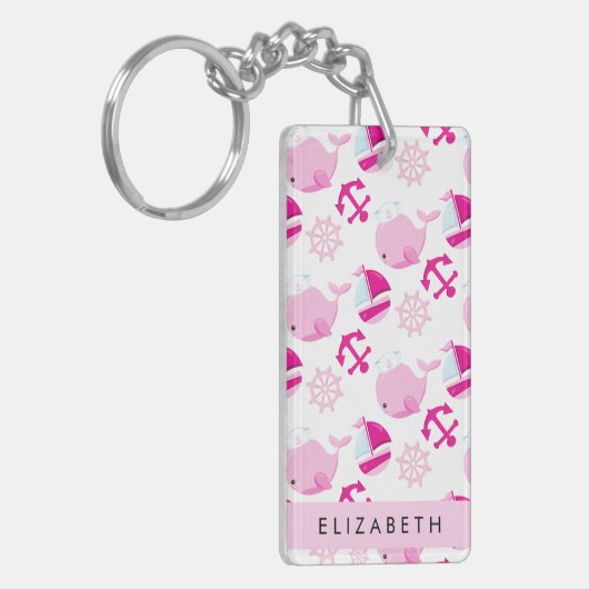 鯨の模様、ピンクの鯨、あなたの名前 キーホルダー (正面左)