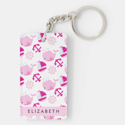 鯨の模様、ピンクの鯨、あなたの名前 キーホルダー (裏面)