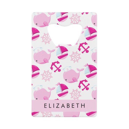 鯨の模様、ピンクの鯨、あなたの名前 クレジットカード栓抜き (正面)