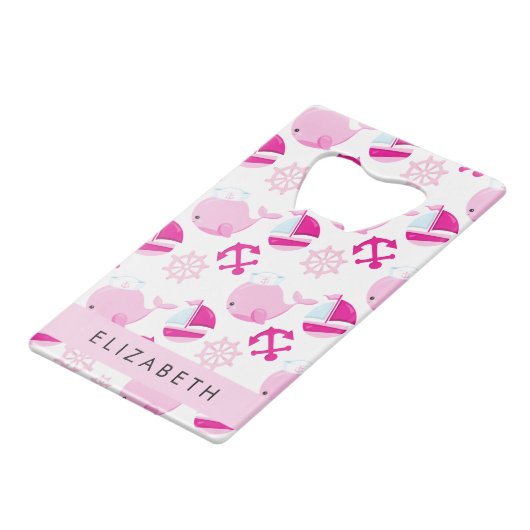 鯨の模様、ピンクの鯨、あなたの名前 クレジットカード栓抜き (裏面アングル)