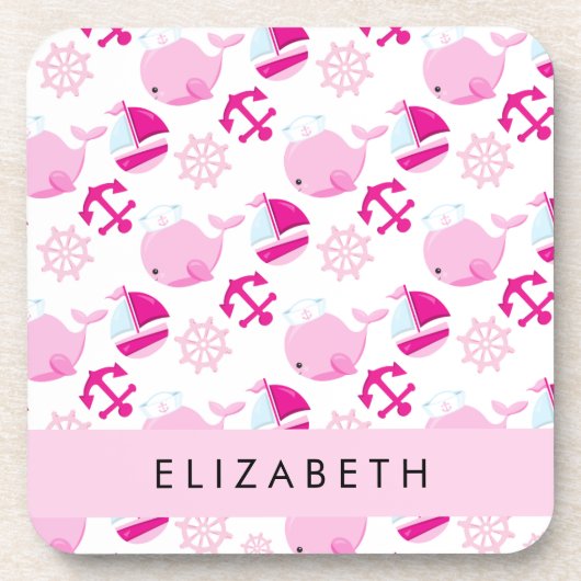 鯨の模様、ピンクの鯨、あなたの名前 コースター (正面)