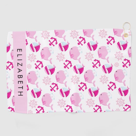 鯨の模様、ピンクの鯨、あなたの名前 ゴルフタオル (横)