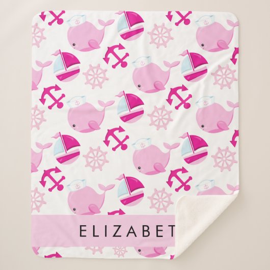 鯨の模様、ピンクの鯨、あなたの名前 シェルパブランケット (正面)