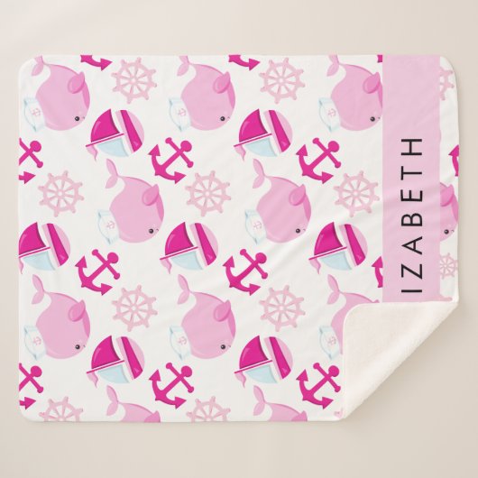 鯨の模様、ピンクの鯨、あなたの名前 シェルパブランケット (正面(横))