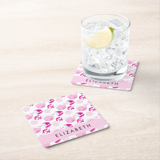 鯨の模様、ピンクの鯨、あなたの名前 スクエアペーパーコースター (インサイチュ)