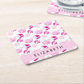 鯨の模様、ピンクの鯨、あなたの名前 スクエアペーパーコースター (アングル)