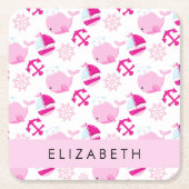 鯨の模様、ピンクの鯨、あなたの名前 スクエアペーパーコースター (正面)