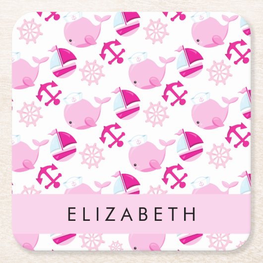 鯨の模様、ピンクの鯨、あなたの名前 スクエアペーパーコースター (正面)