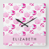 鯨の模様、ピンクの鯨、あなたの名前 スクエア壁時計 (正面)