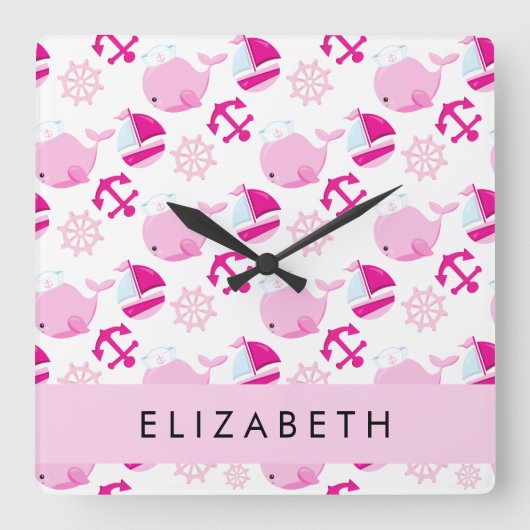 鯨の模様、ピンクの鯨、あなたの名前 スクエア壁時計 (正面)