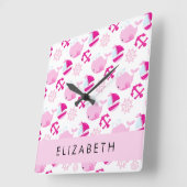 鯨の模様、ピンクの鯨、あなたの名前 スクエア壁時計 (傾斜)