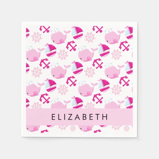 鯨の模様、ピンクの鯨、あなたの名前 スタンダードカクテルナプキン (正面)