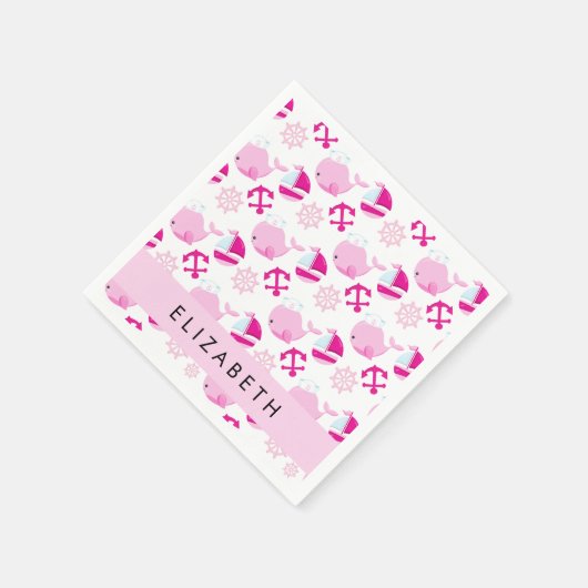 鯨の模様、ピンクの鯨、あなたの名前 スタンダードカクテルナプキン (角)